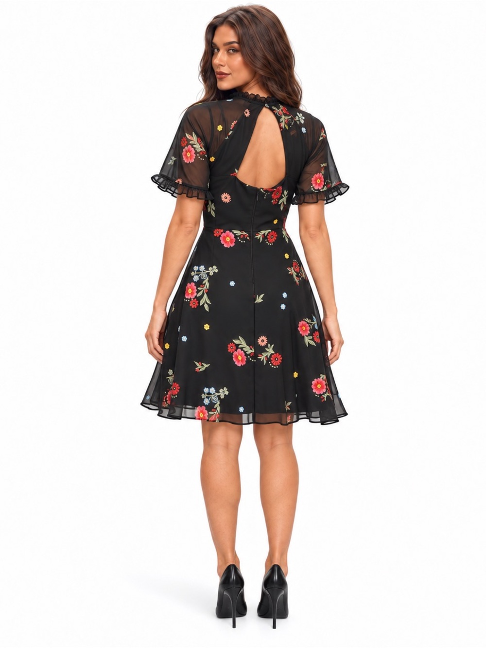 Kensie Black Floral Embroidered Chiffon Ruffle Sleeve Mini Dress Size 4